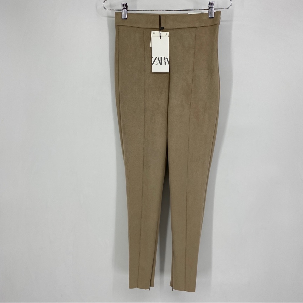 Zara Faux Suede Pants Tan Brown Vegan Zip Ankle